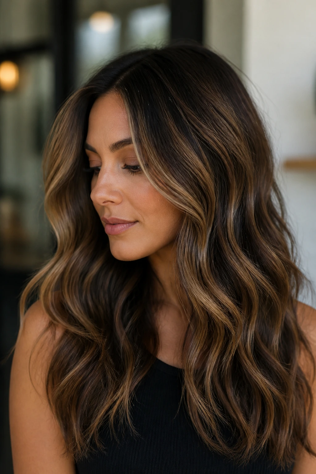 Dark brown waves with caramel balayage ribbons close-up