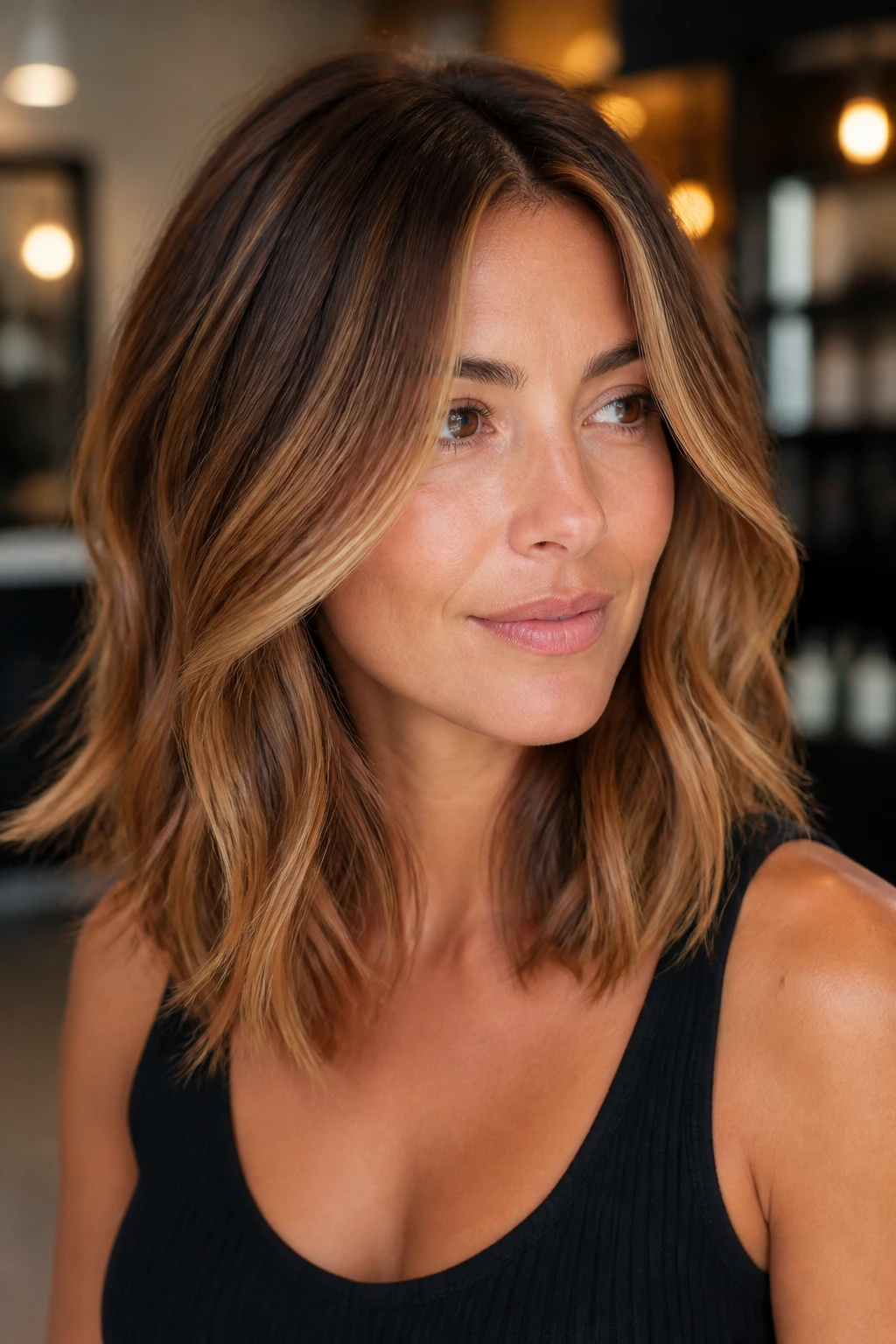 Close-up portrait of shoulder-length hair with caramel melt balayage