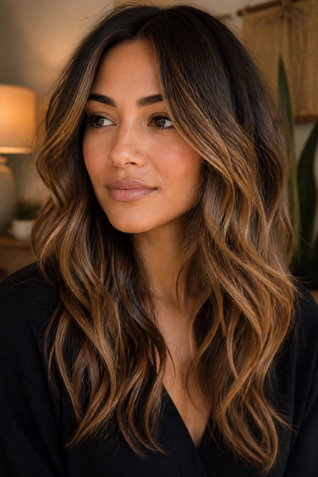 Wavy brunette hair with caramel melt balayage blending from roots to ends.