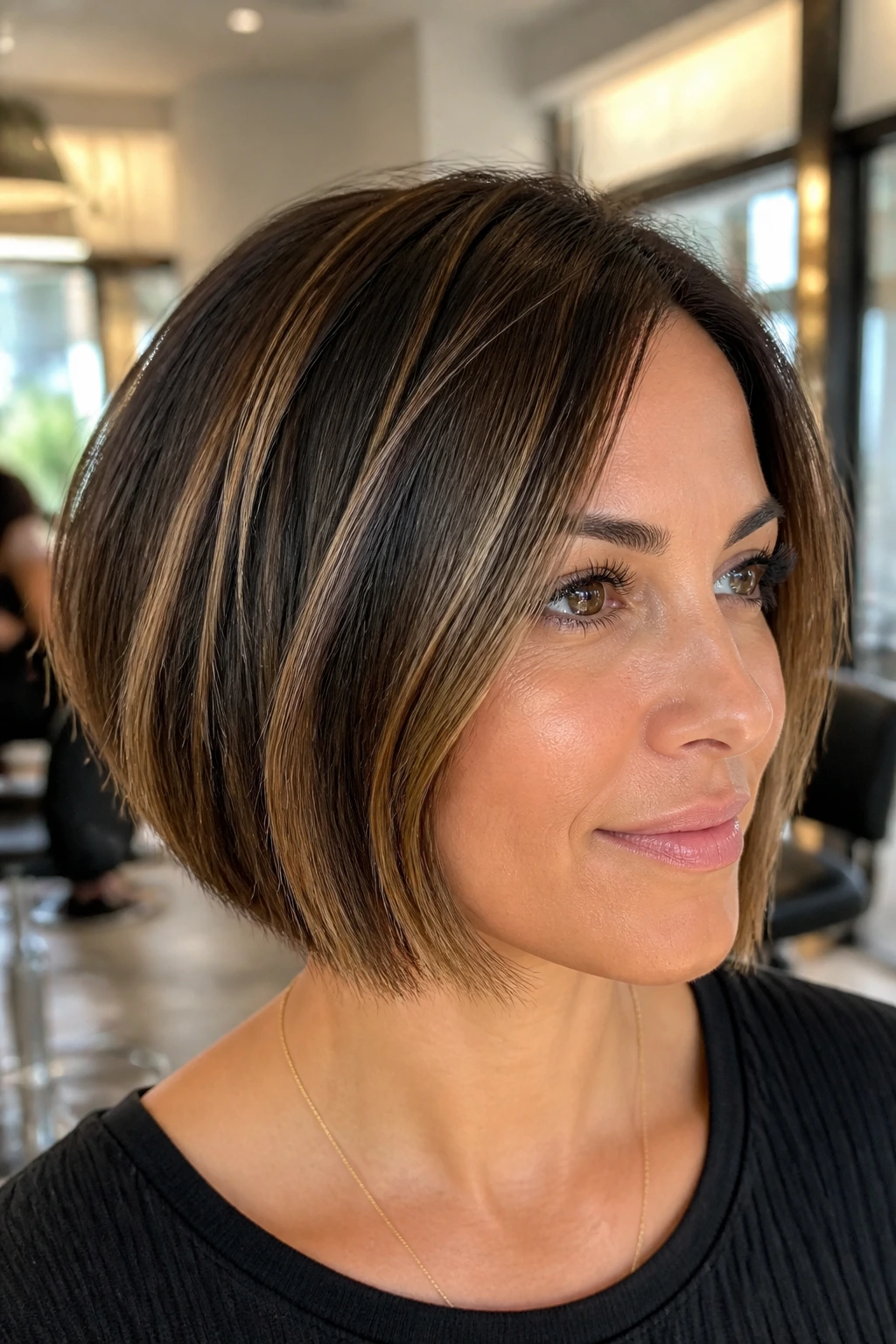 Close-up of chin-length caramel ribbon balayage around temples and crown on a real person