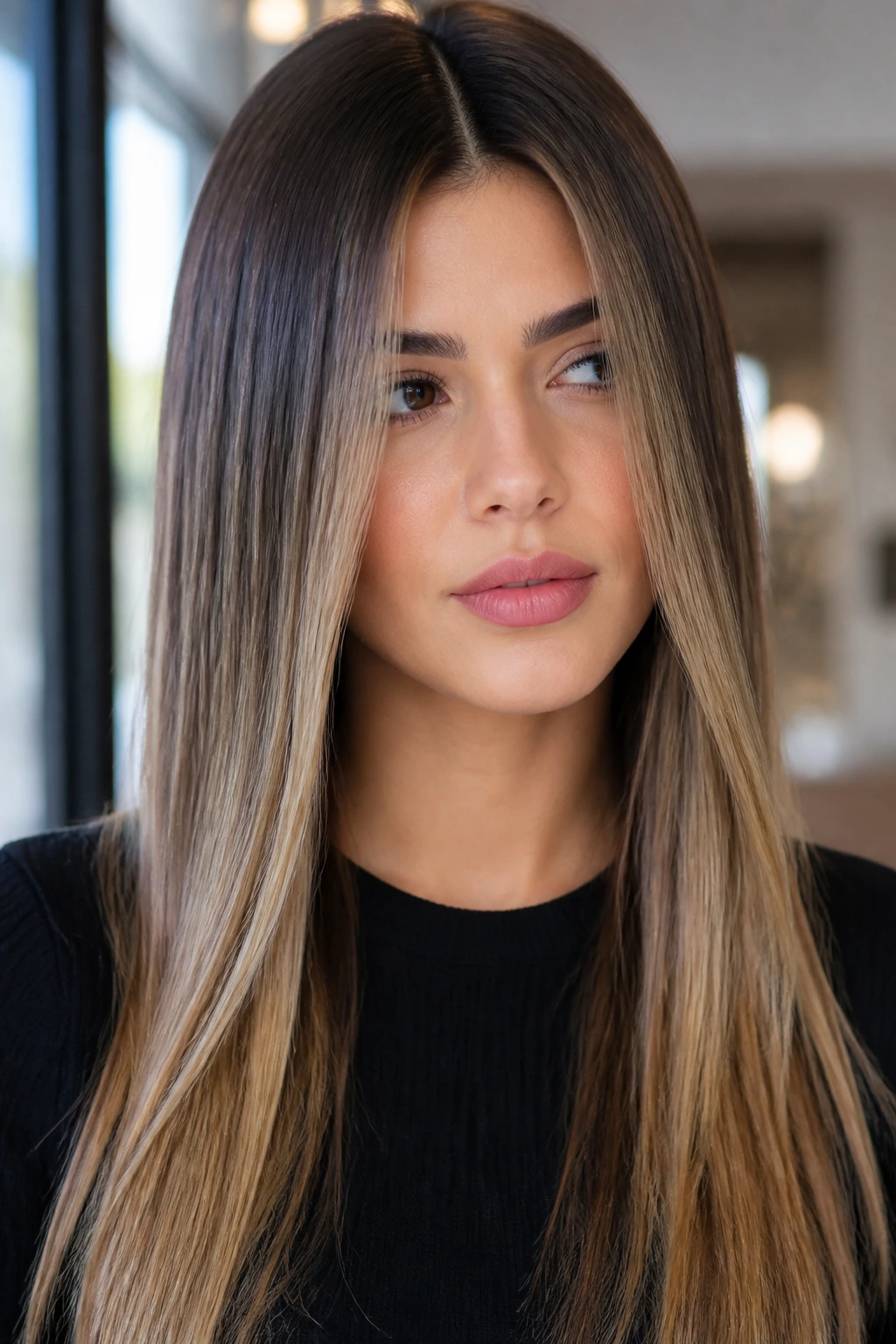 Portrait of woman with center-parted straight hair showing balayage