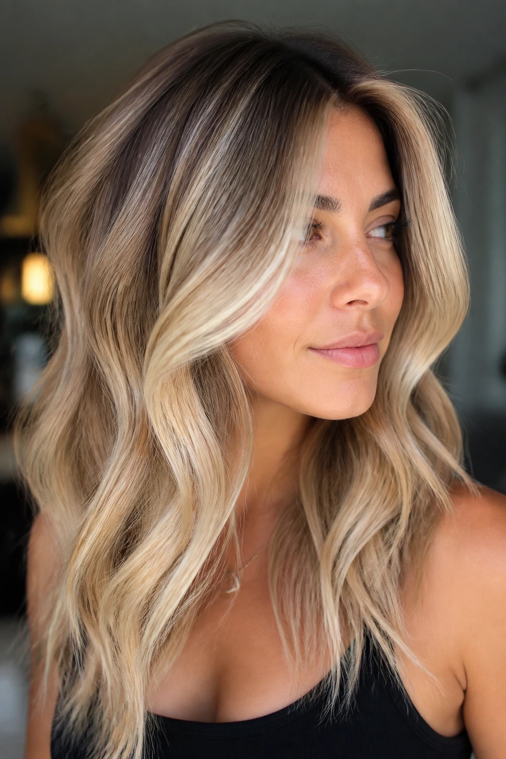 Portrait of a woman with champagne cream balayage and shadow root in soft beige tones