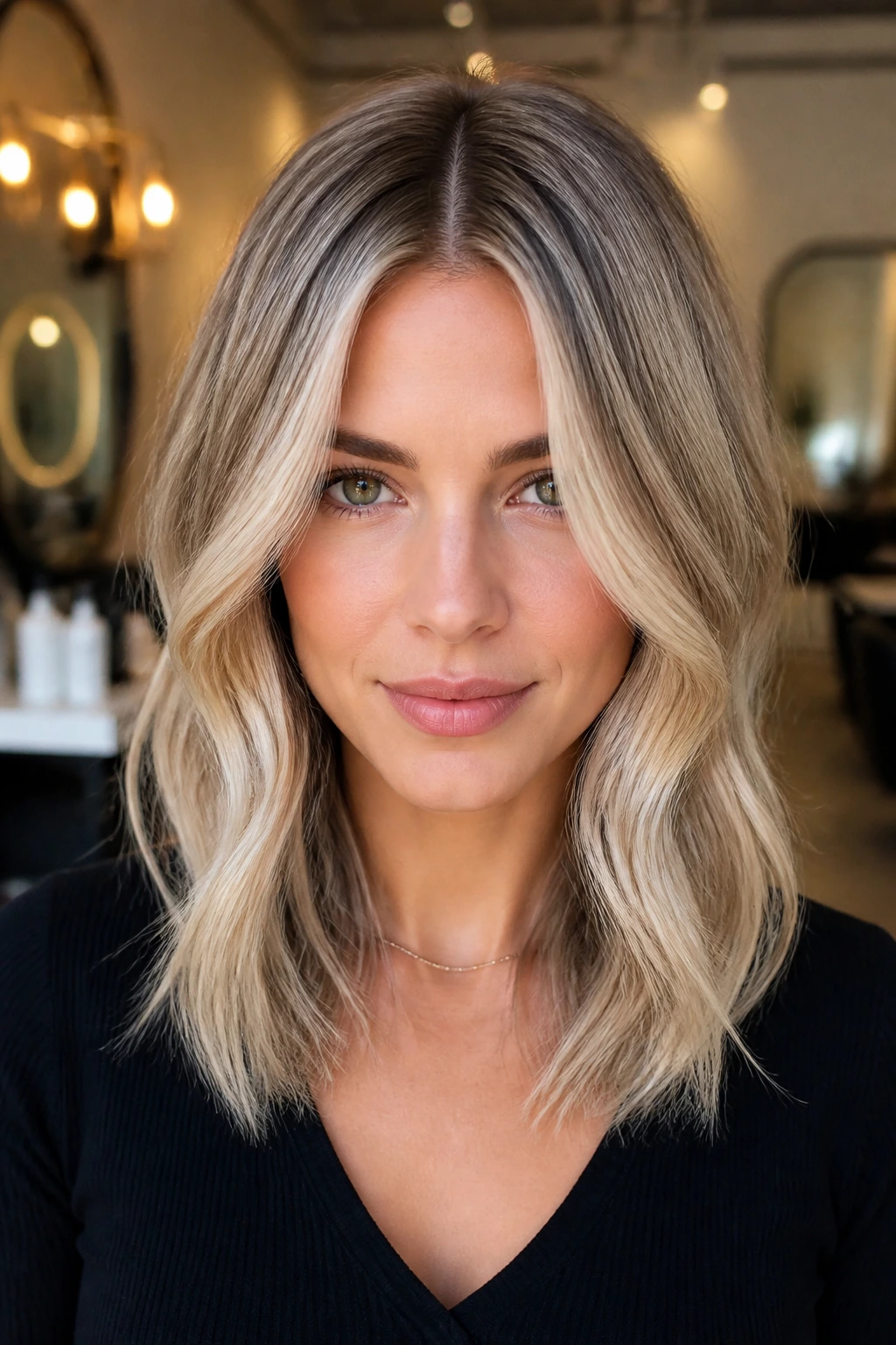 Close-up portrait of champagne beige balayage with center part