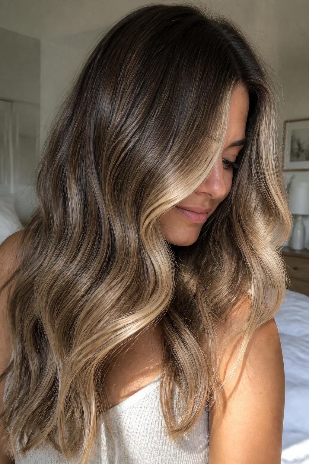 Portrait of a real woman with champagne brunette balayage