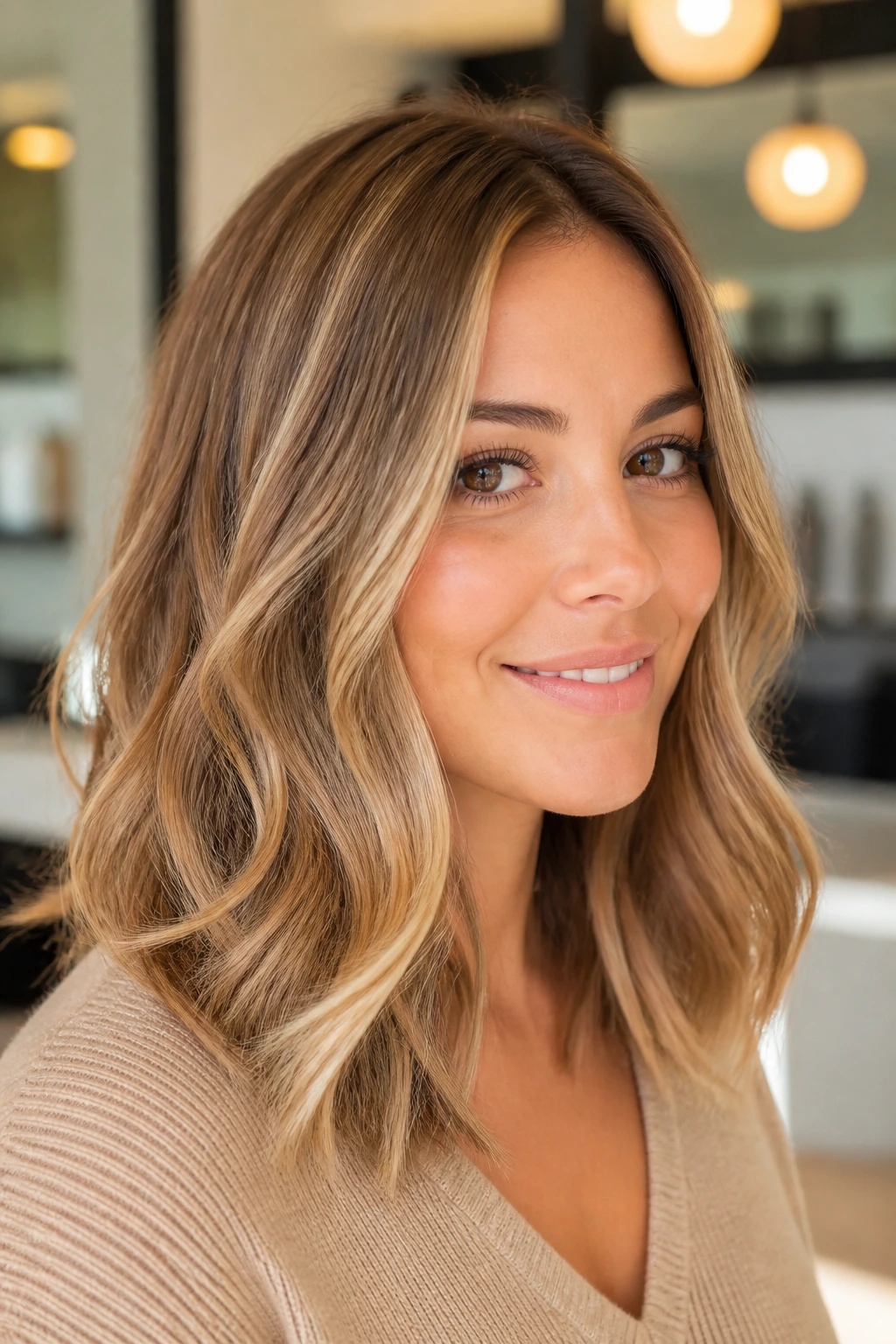 Close-up portrait with champagne caramel balayage in warm light