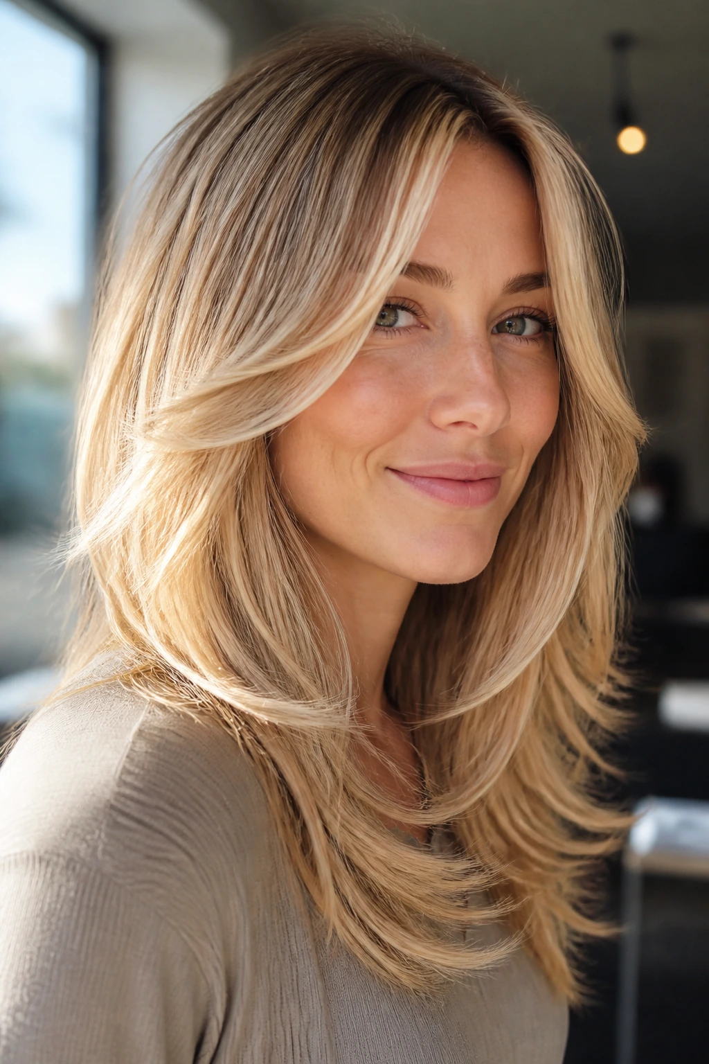 Real woman with champagne glow layers catching light