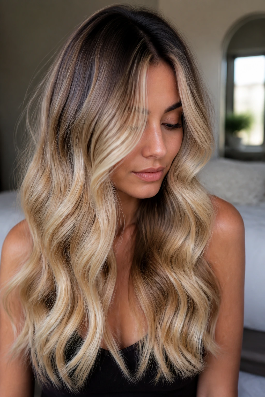 Close-up portrait of a real person with rooted champagne waves on long hair