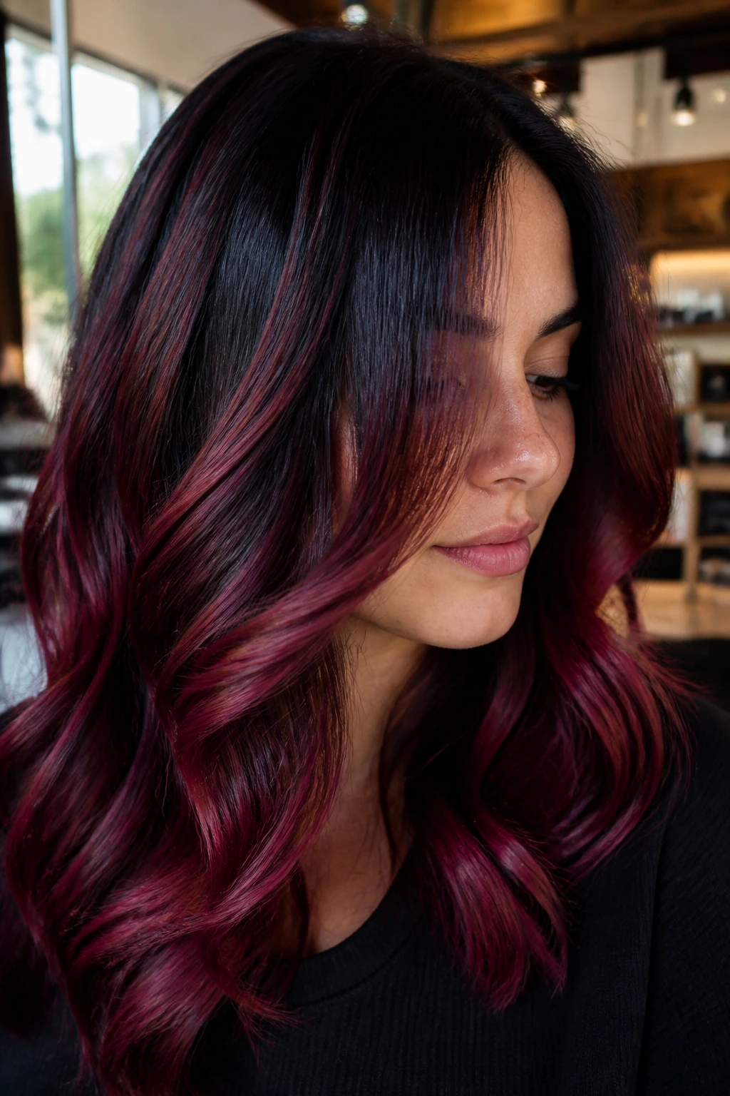 Close-up portrait of a real person with black cherry balayage and dark roots