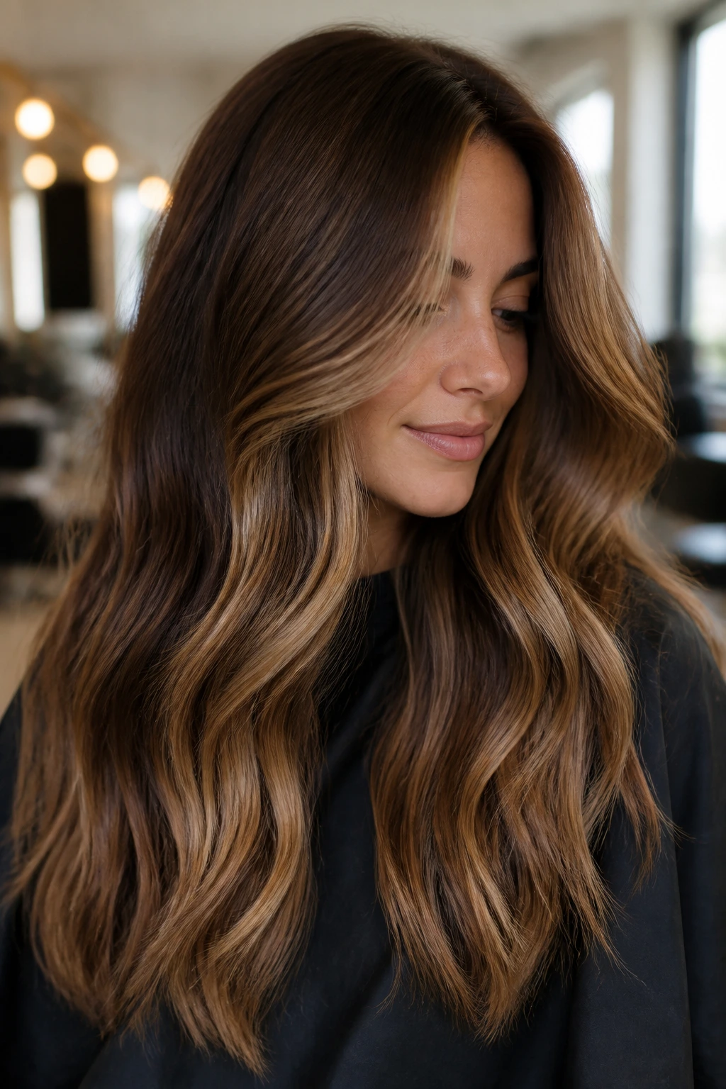 Close-up of chestnut cashmere balayage on thick hair with soft ribbons.