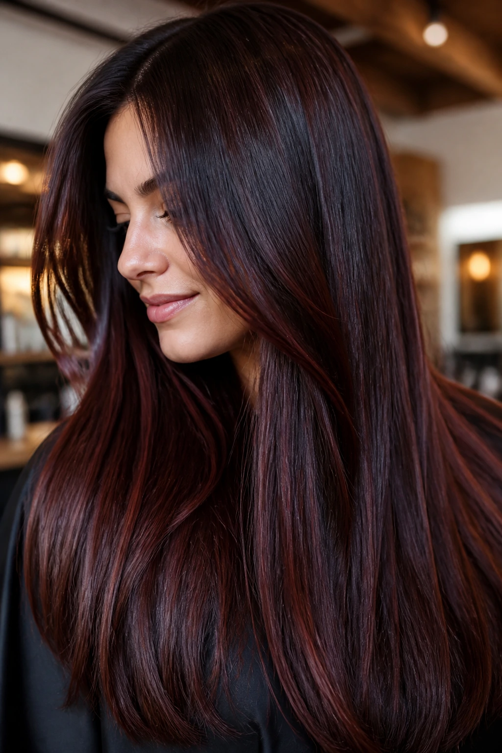 Close-up of a real woman with chestnut base and cherry cola balayage on straight hair