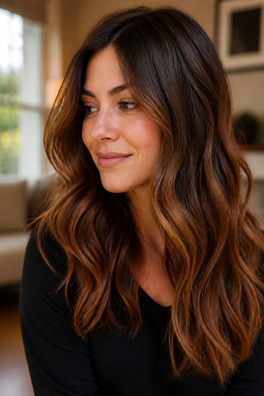 Close-up portrait of chestnut-to-cinnamon balayage with seamless melt in warm window light