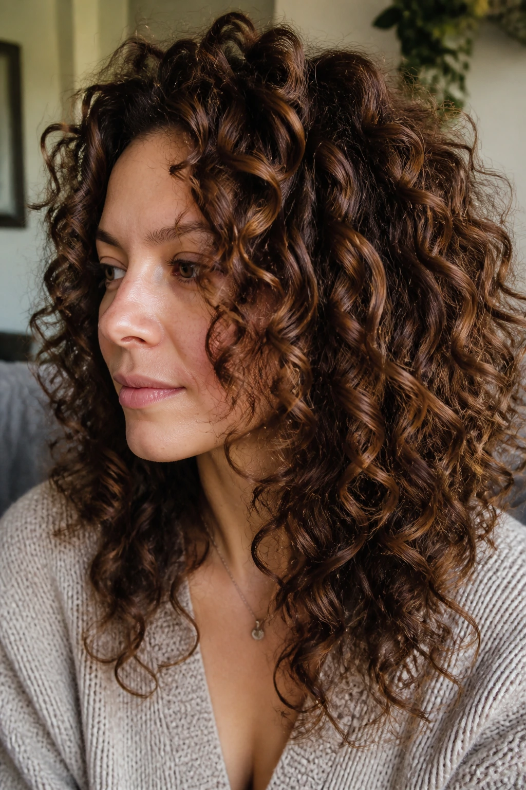 Real woman's curls with chestnut ribbons for depth