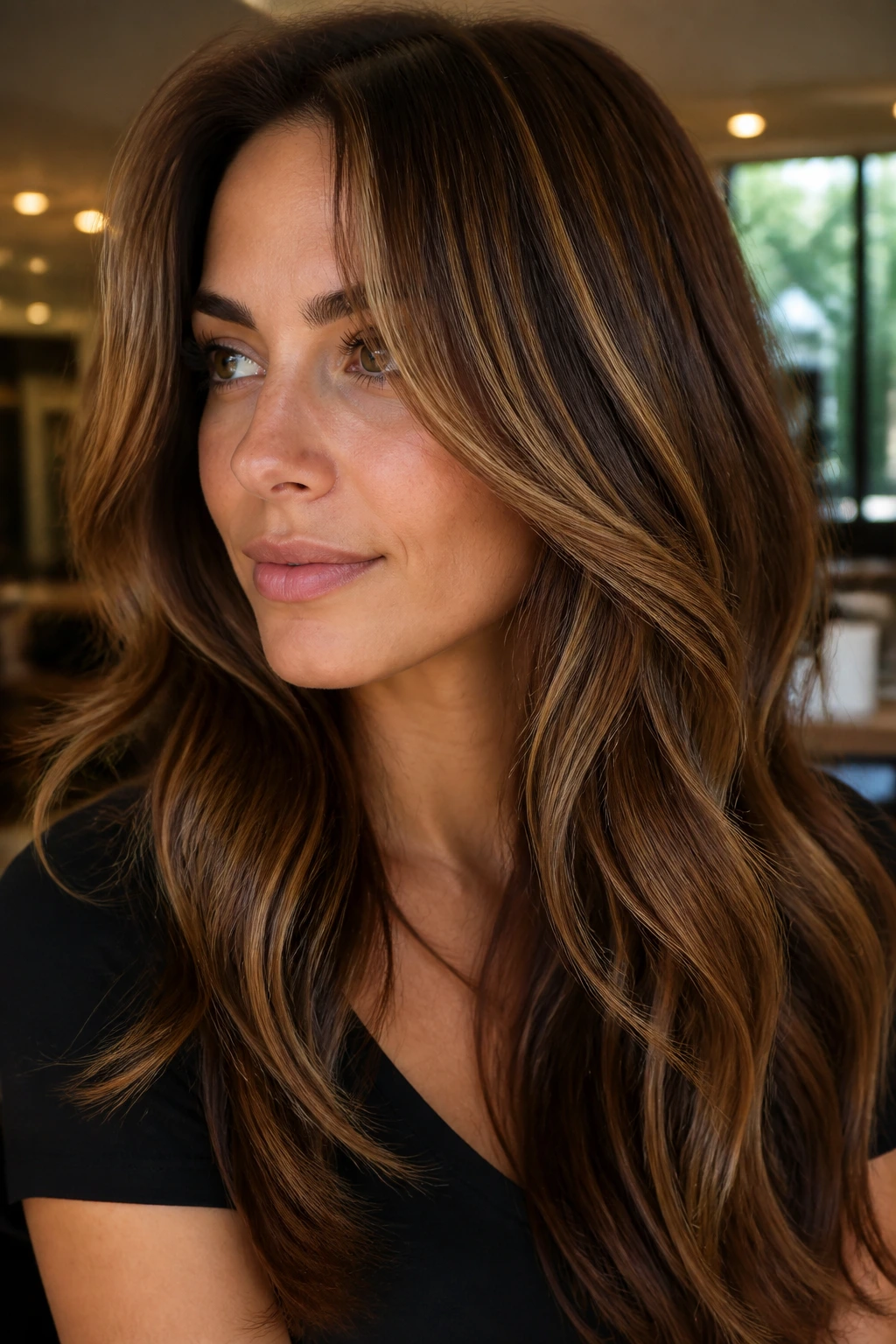 Close-up portrait of a real woman with chestnut base hair and thin gold ribbons, in a warm salon.