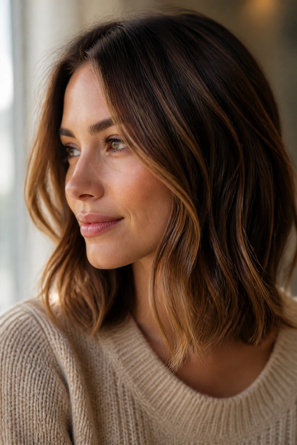 Close-up portrait of shoulder-length sun-kissed chestnut balayage on real person