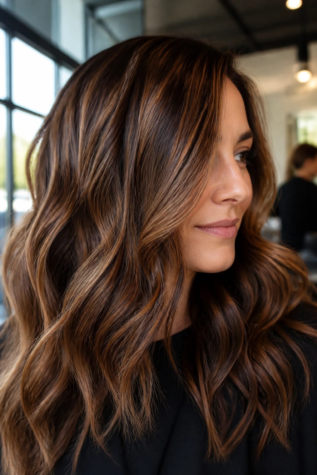 Portrait of a woman with chestnut ribbon balayage showing warm ribbons and waves