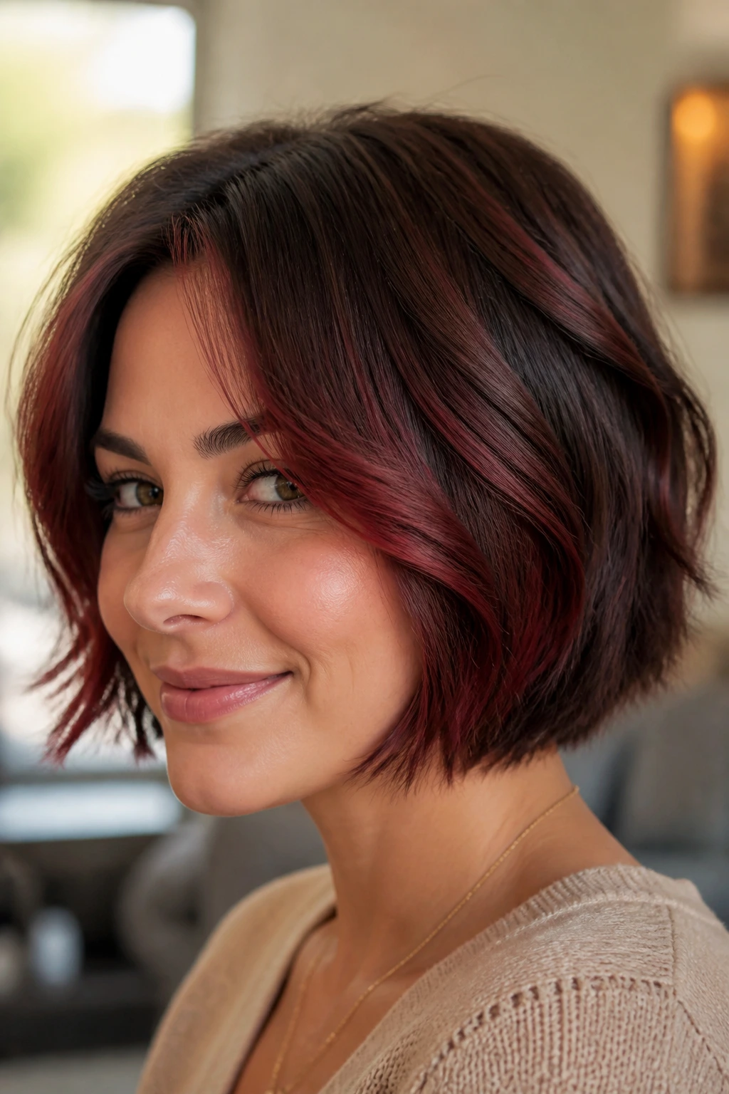 Close-up portrait of a real woman with short brunette hair featuring chocolate cherry balayage.