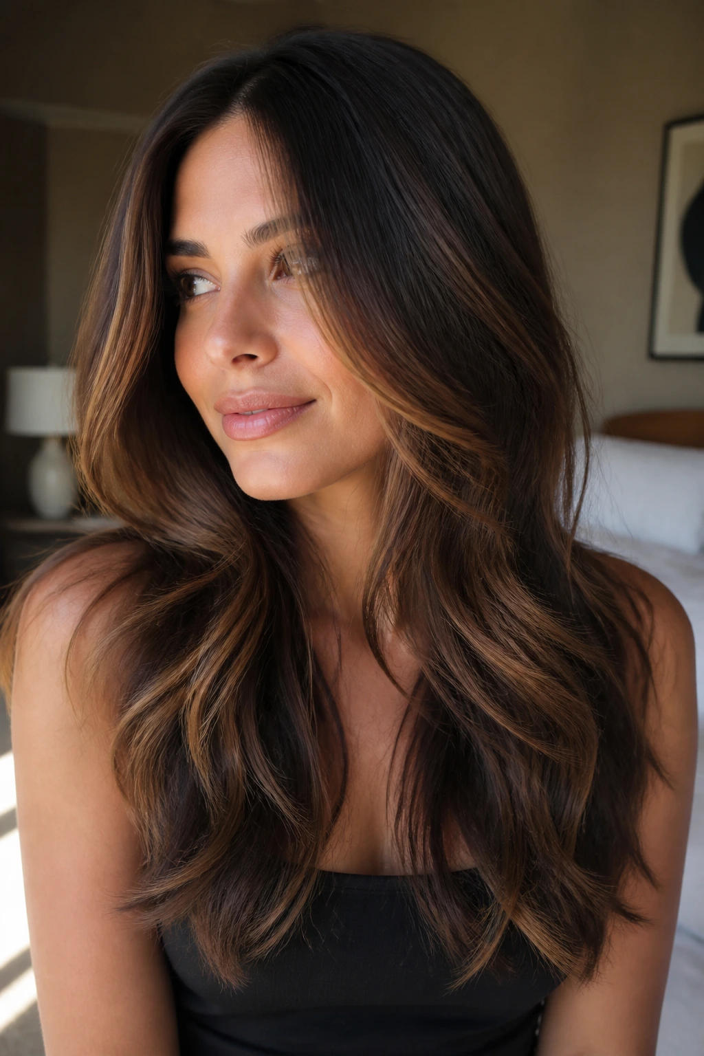Close-up of chocolate mocha balayage on long layered hair