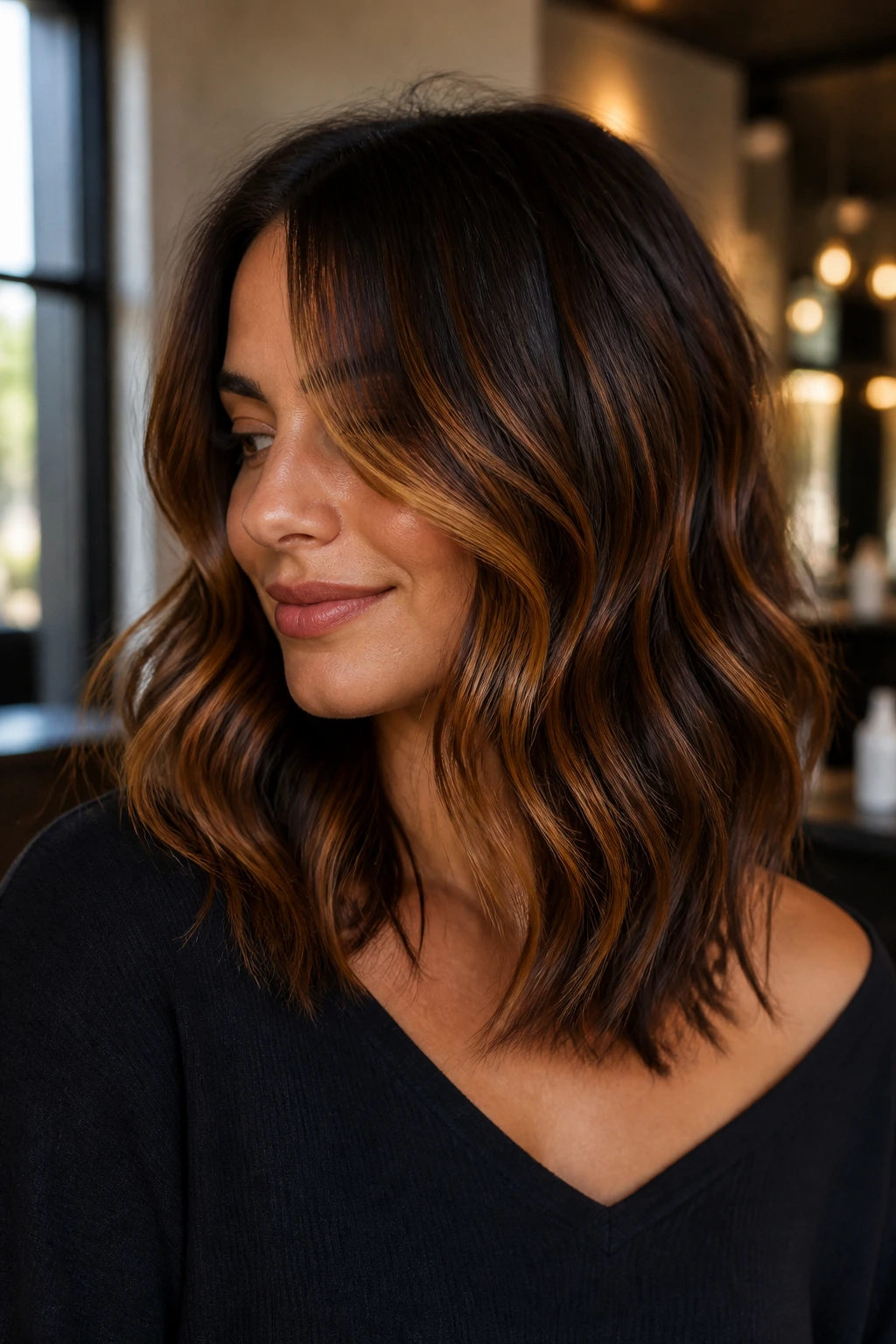 Close-up portrait of brunette with cinnamon ribbon balayage highlighting around face in warm salon light
