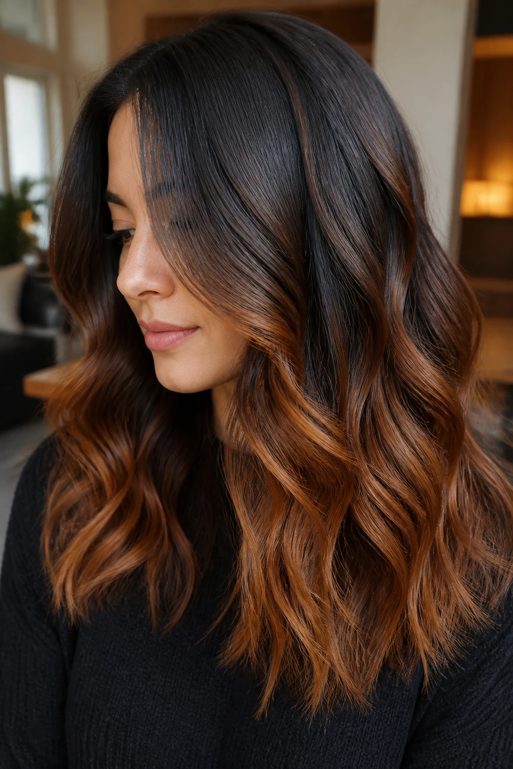 Portrait of a real woman with cinnamon ends balayage on wavy hair