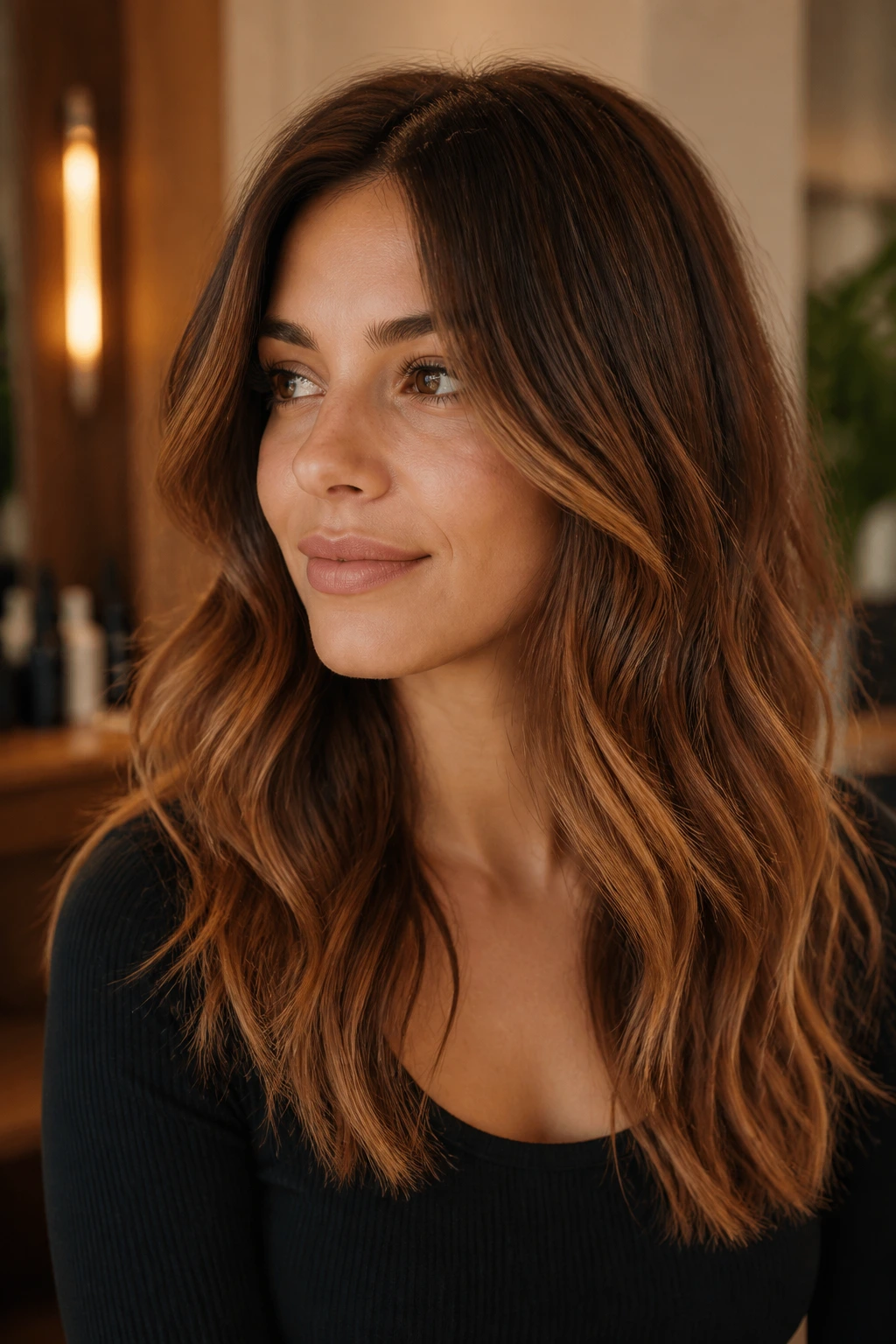 Close-up portrait of a real woman with cinnamon-tea balayage warm brunette tones