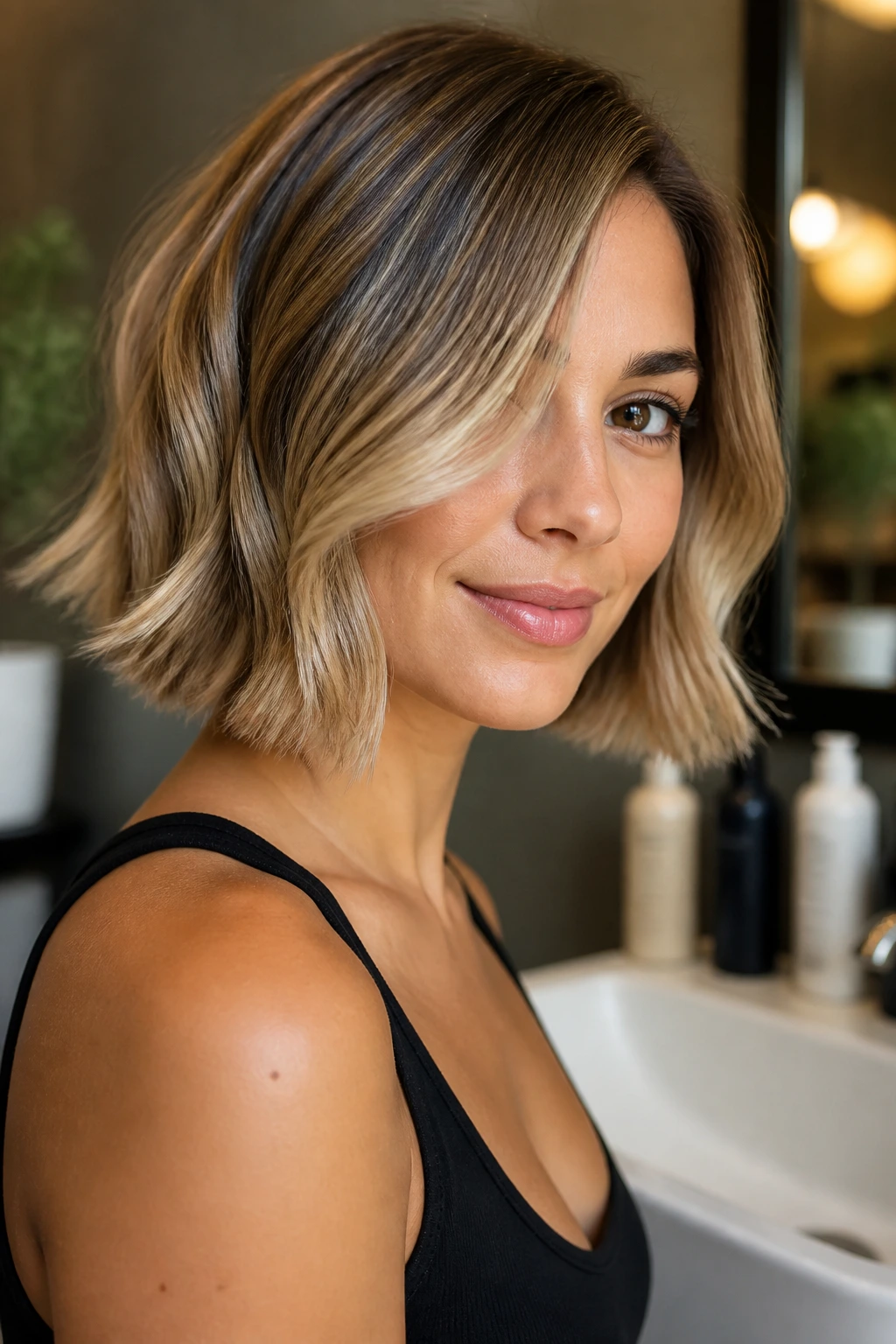 Close-up of healthy balayage bob in caramel beige tones in a bathroom