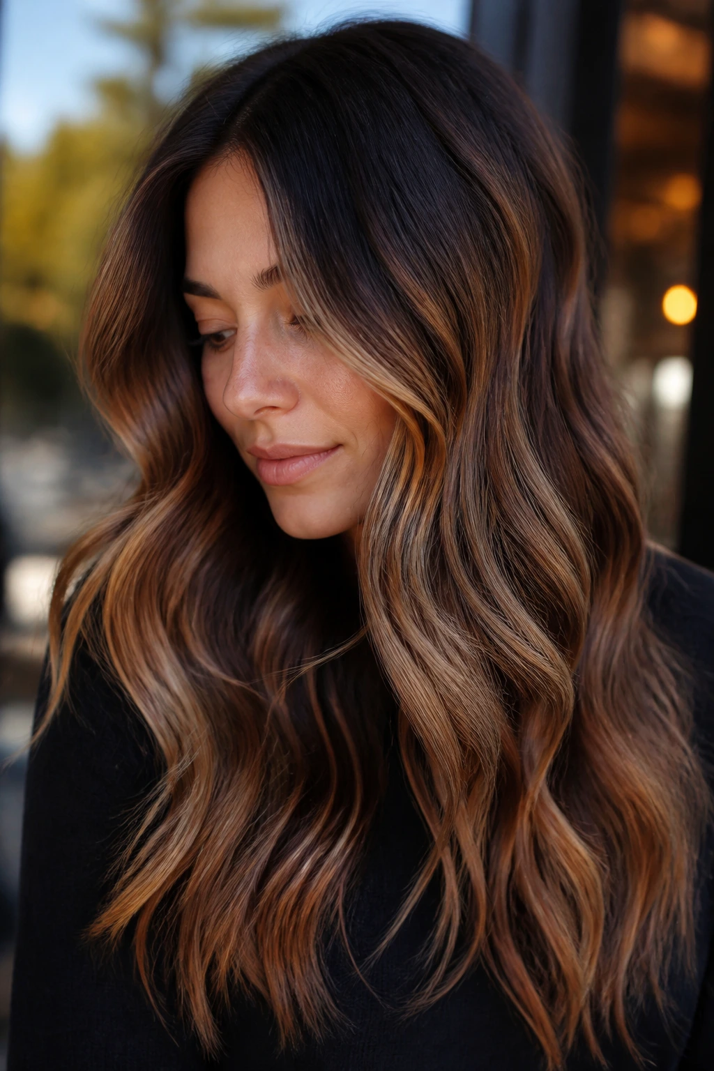 Portrait showing multiple balayage color directions on long hair