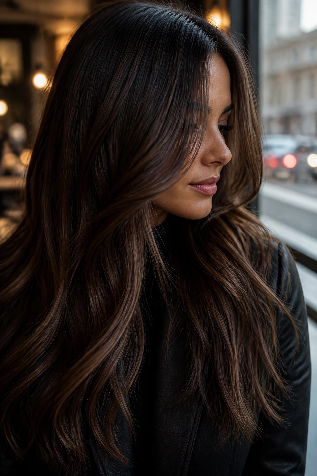 Brunette with cool cocoa balayage and invisible ribbons in soft light