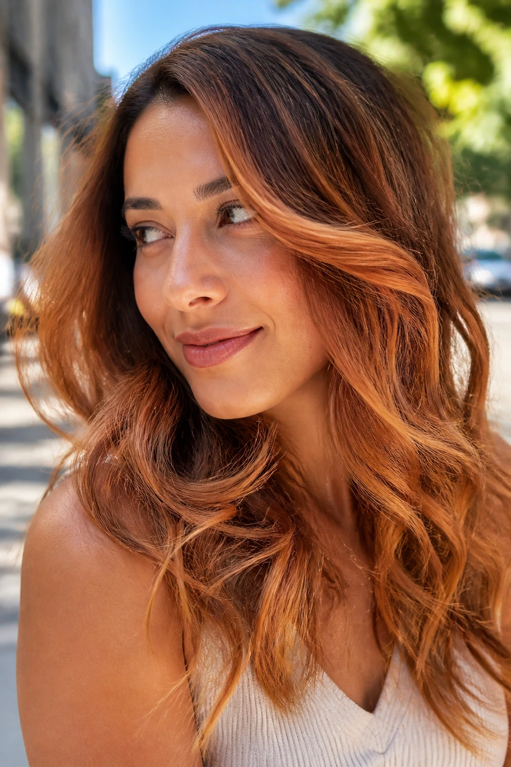 Portrait of a real woman with copper apricot sweep balayage