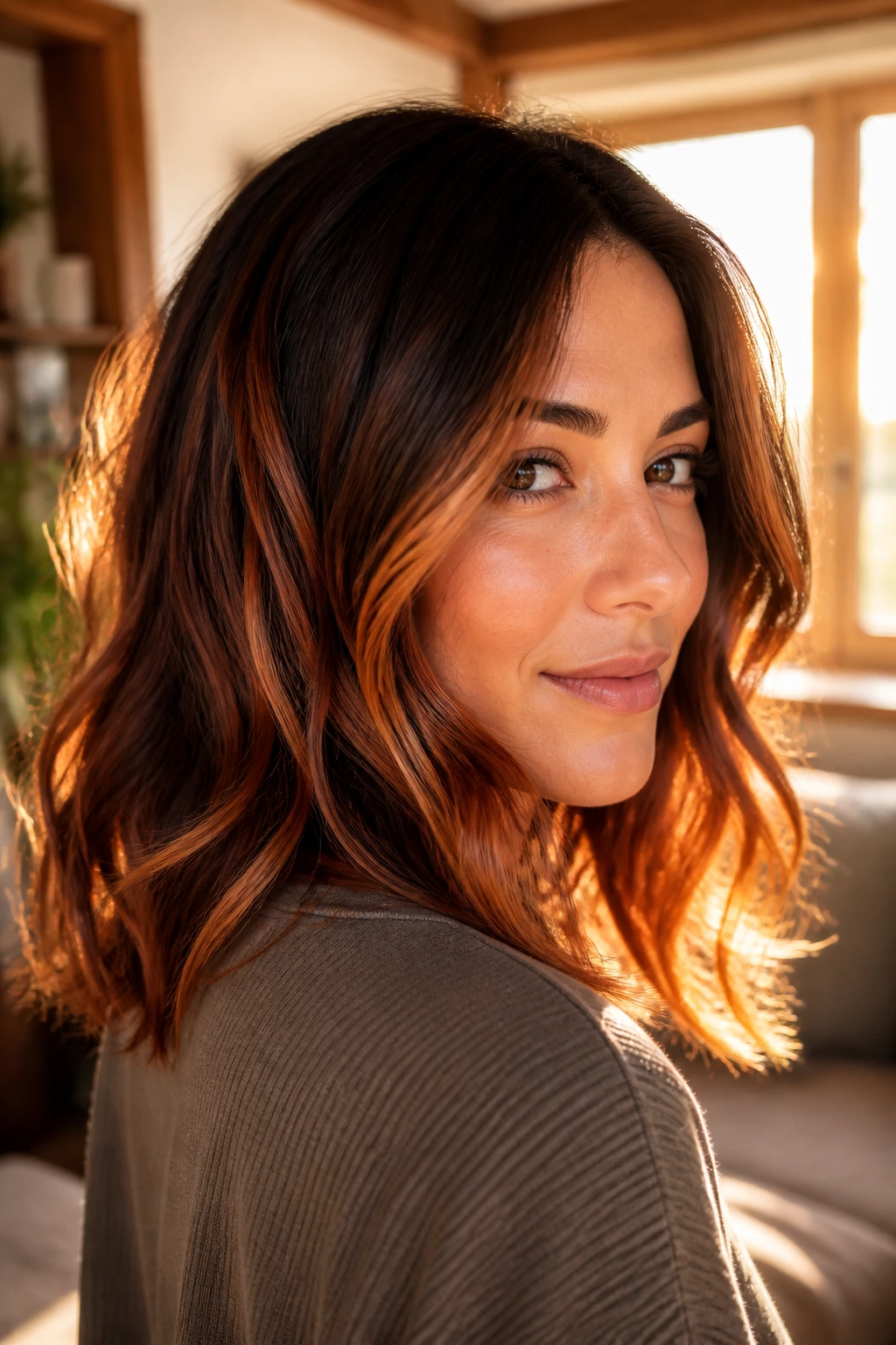 Portrait of woman with Copper Balayage showing copper ribbons on shoulder-length hair