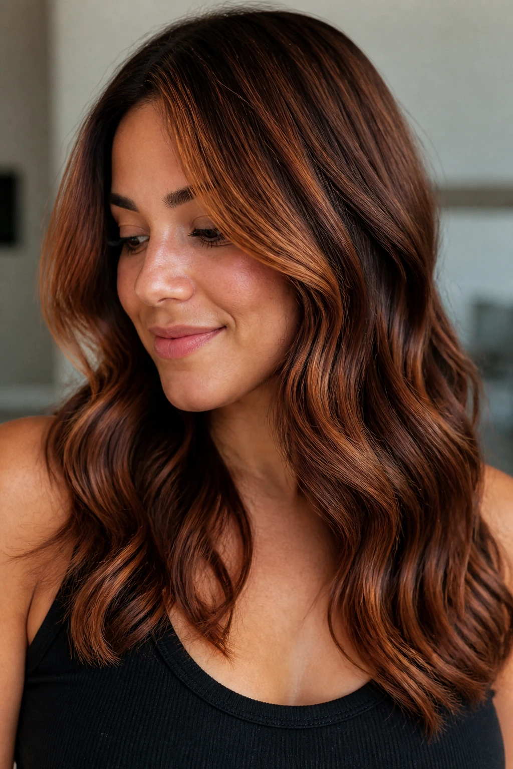 Warm copper cinnamon balayage on dark brown waves close-up