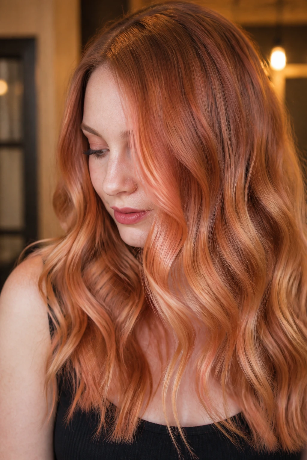 Close-up portrait of a real woman with warm coral copper balayage on pale skin, soft waves.