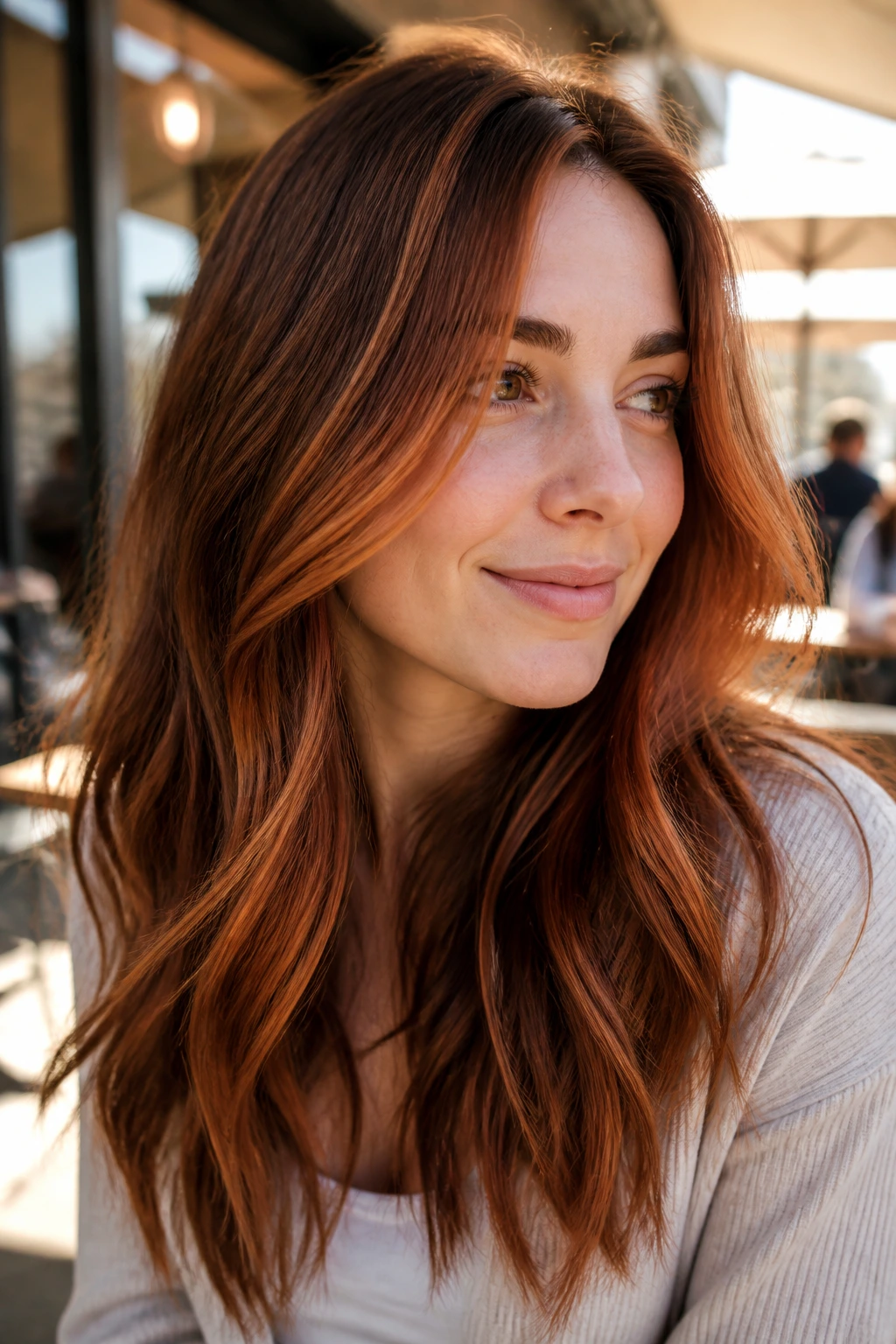 Close-up copper penny balayage with face-framing copper pieces