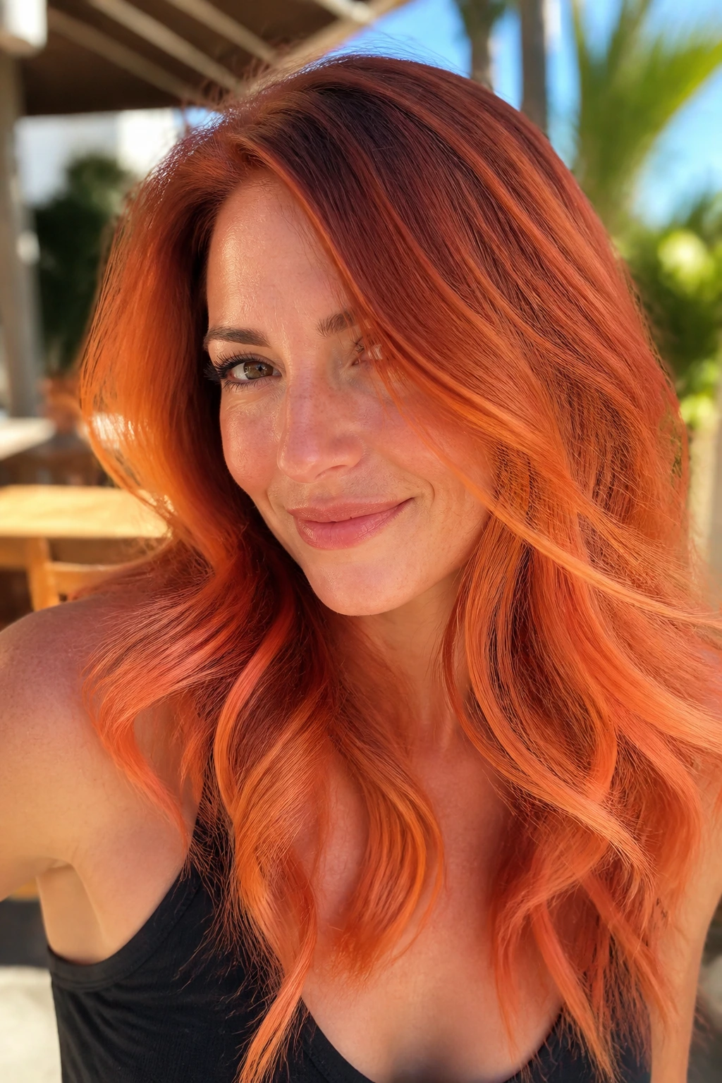 Close-up portrait of a woman with tequila sunrise copper balayage in bright light