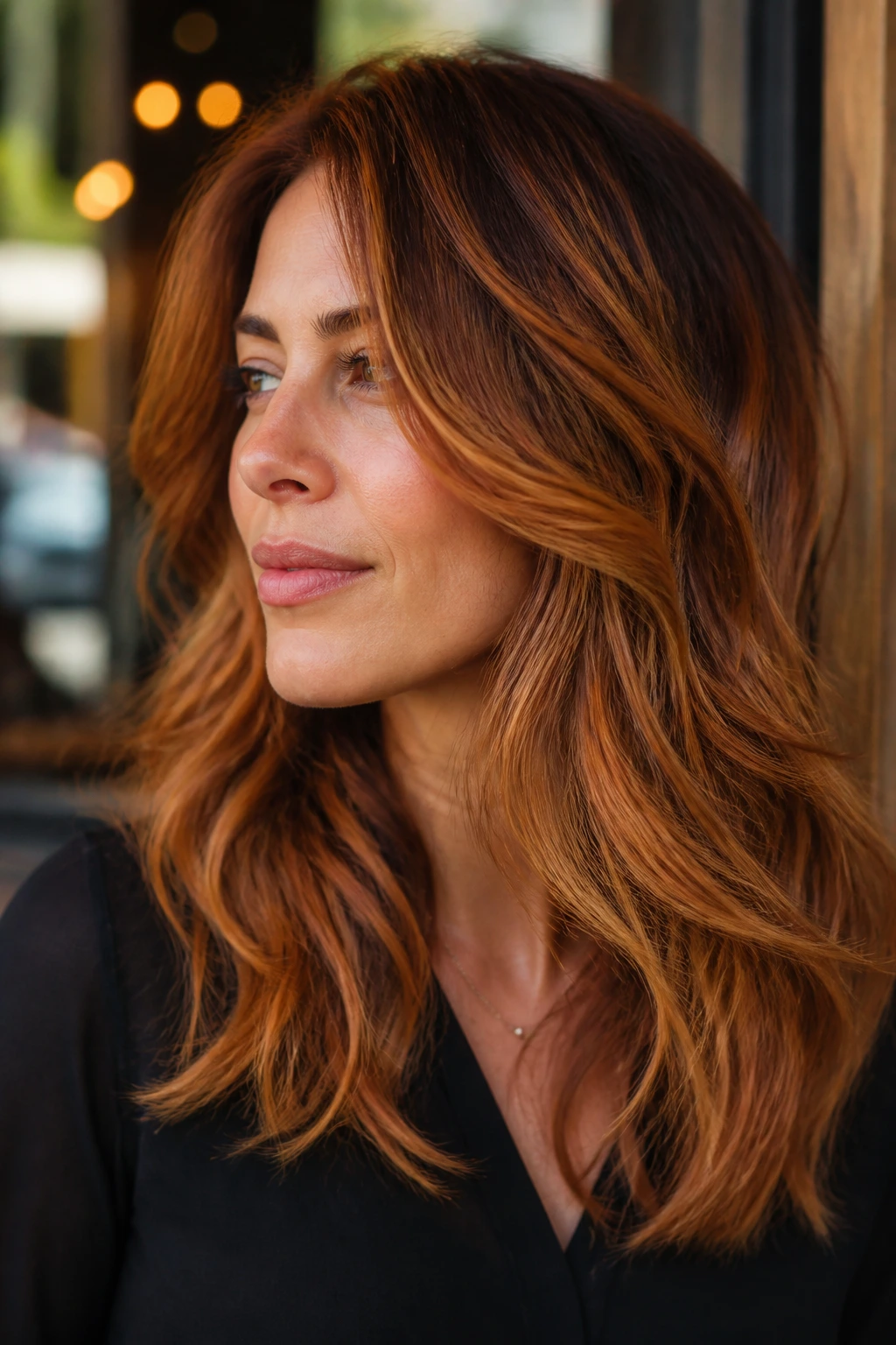 Portrait of a person with copper-warm balayage layered haircut