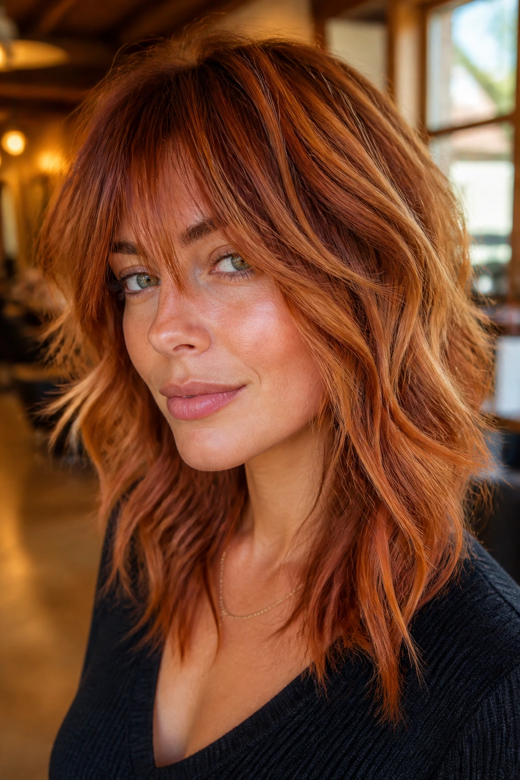 Close-up portrait of a real woman with balayage copper wolf cut showing ribbon-like lighter pieces along layered movement