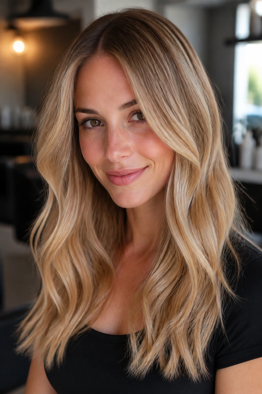 Close-up of a real woman's hair in cream soda balayage with beige roots and caramel ends