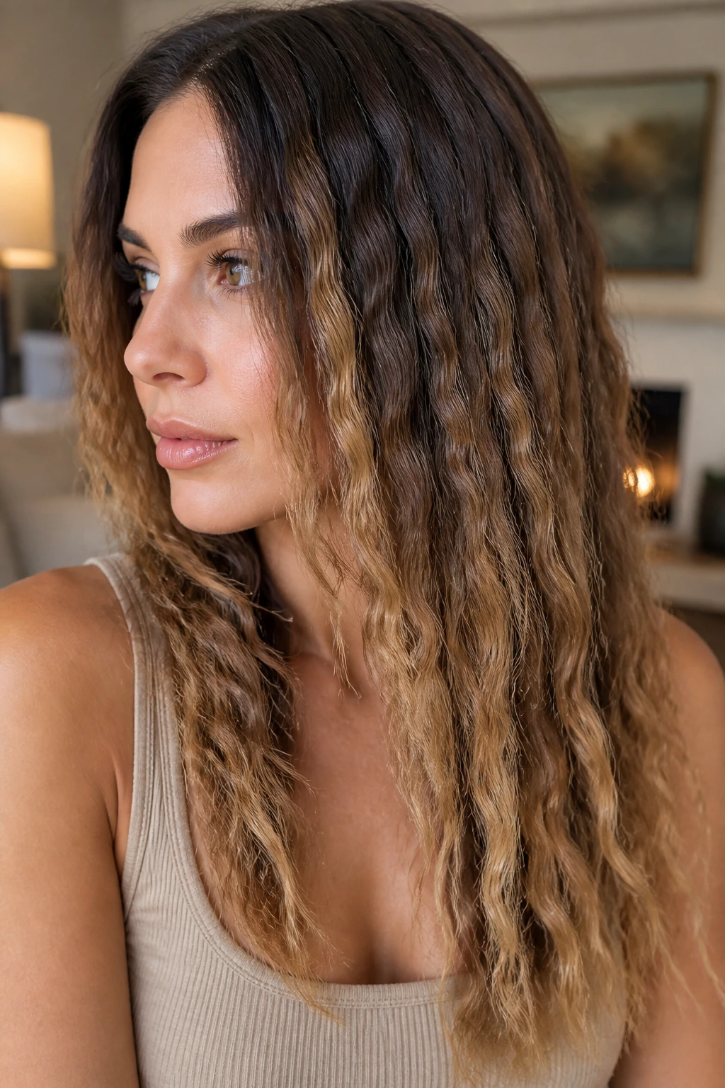 Portrait of a woman with balayage highlights and crimped texture