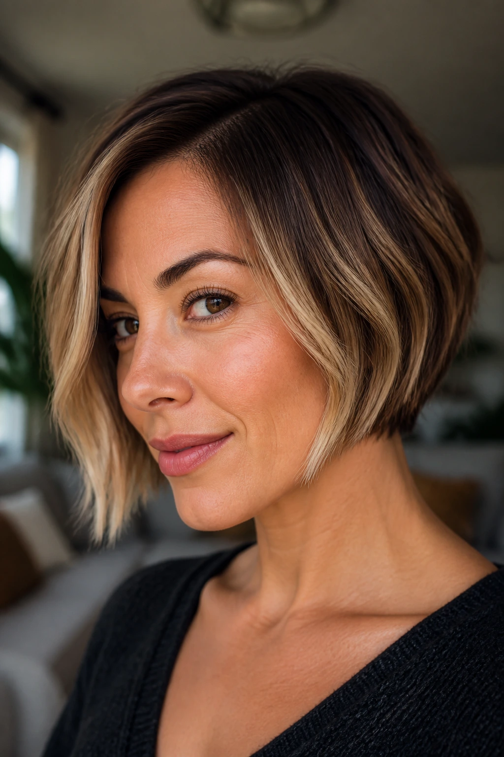 Close-up portrait of a real woman with a cropped bob showcasing balayage placement near jawline and temple under natural window light