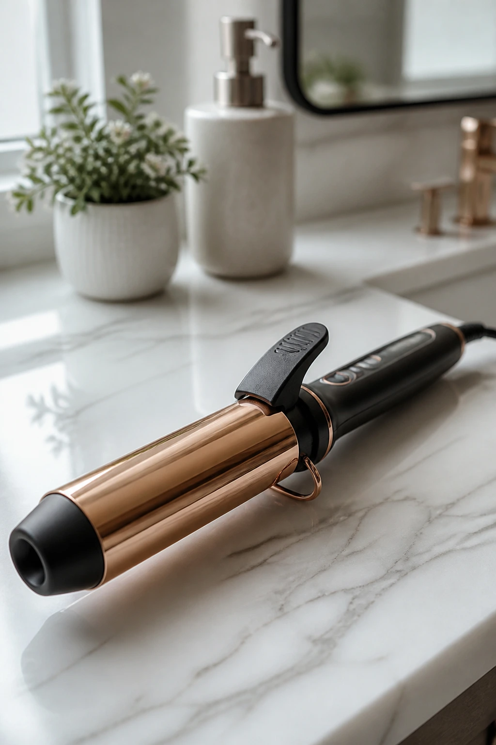 Close-up of a curling iron on a bathroom counter, tool-only shot.