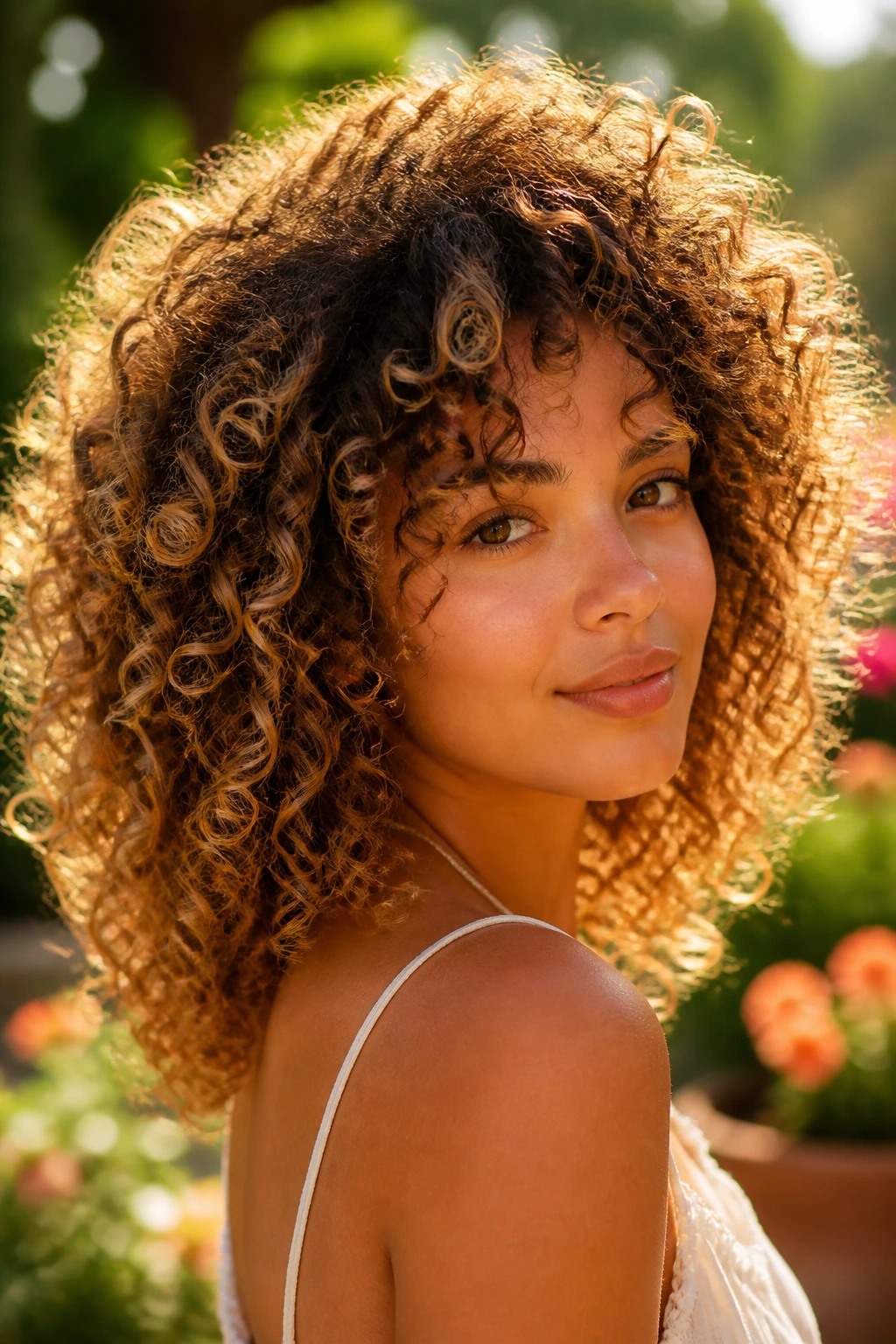 Close-up portrait of a real woman with curly hair and honey halo highlights