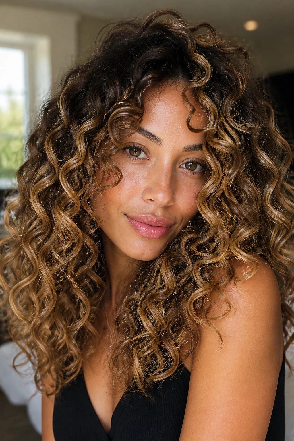 Close-up of a woman’s curly hair with honeyed balayage following curl pattern in window light