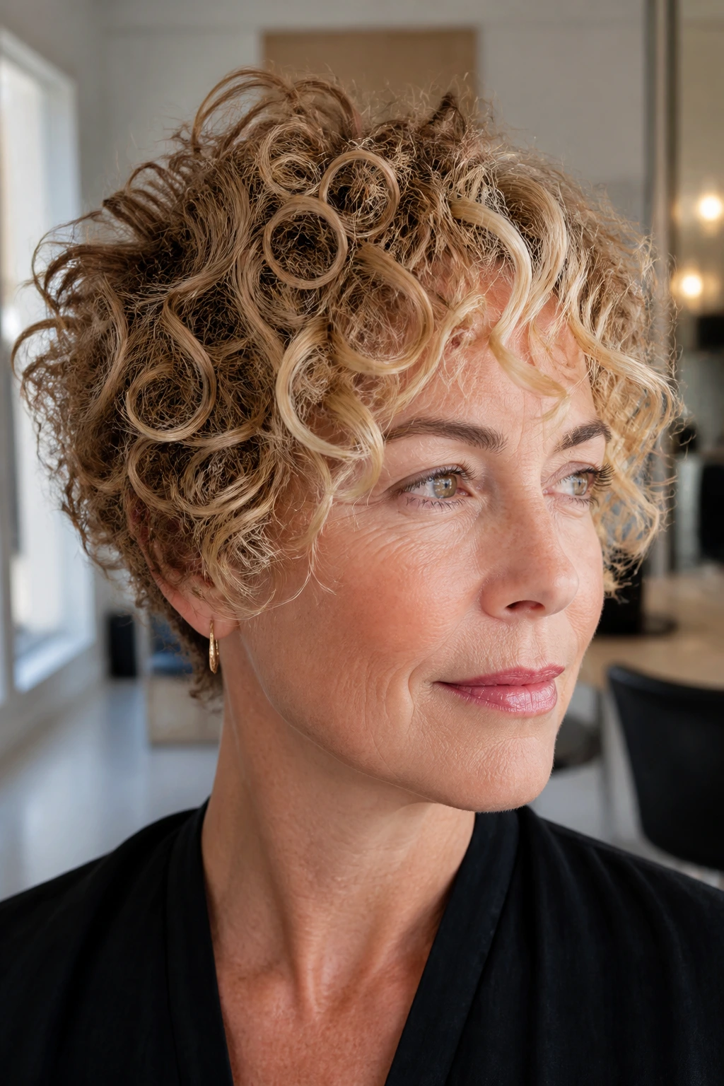 Close-up of a curly crop with warm wheat balayage following the curl pattern.
