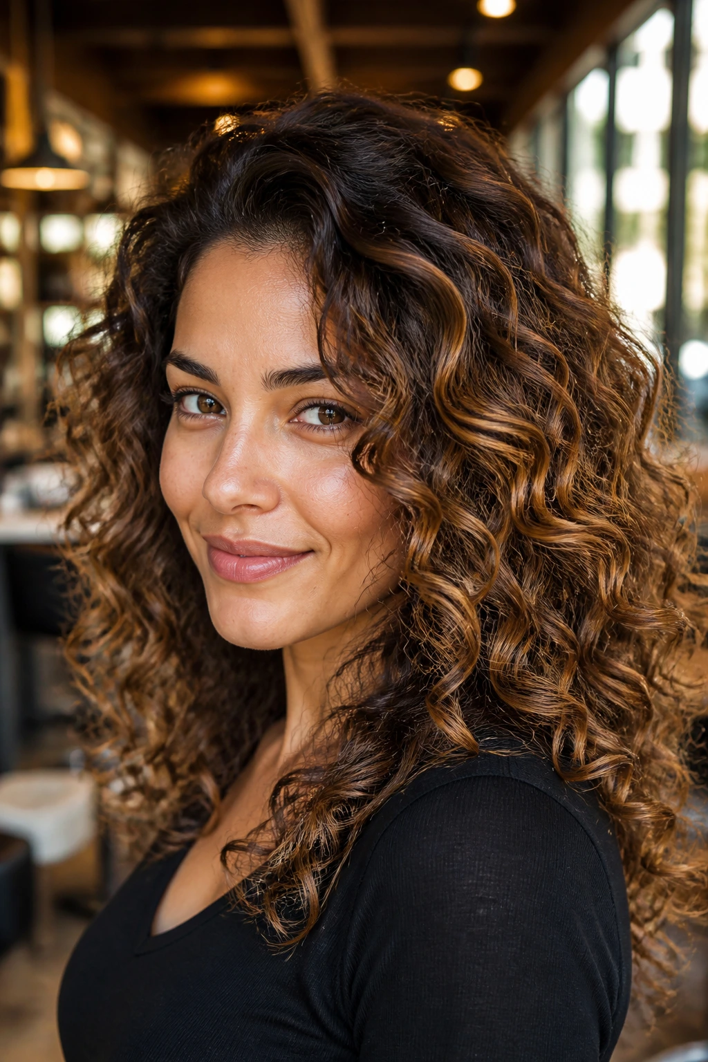 Close-up of a real woman with bronzed curly balayage, curls highlighted