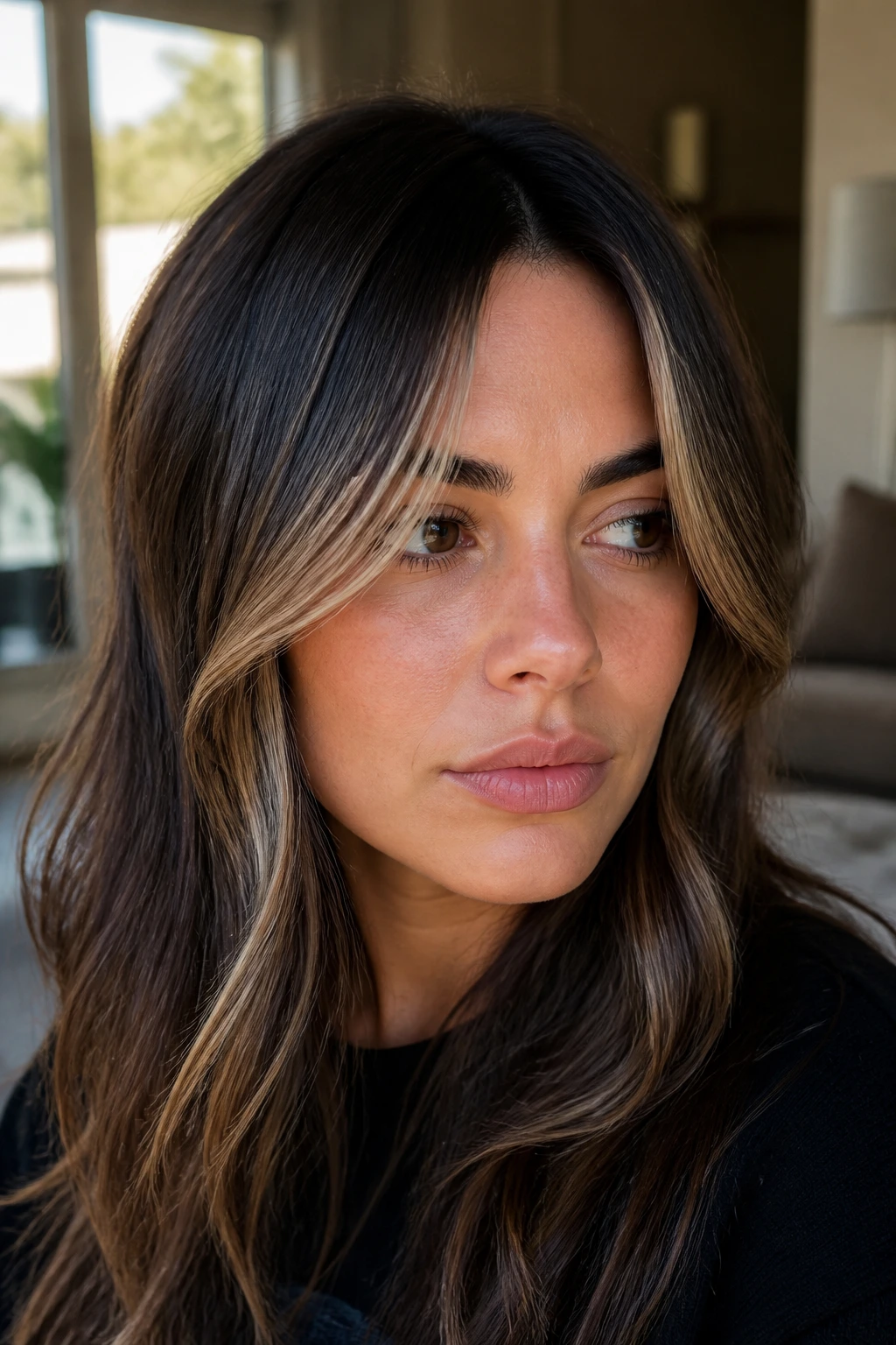 Portrait of a woman with balayage front curtain strands framing her face in a cozy living room