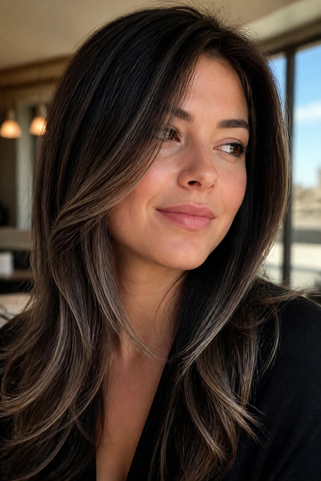 Close-up portrait of a real person with dark chocolate base and silver-beige threads
