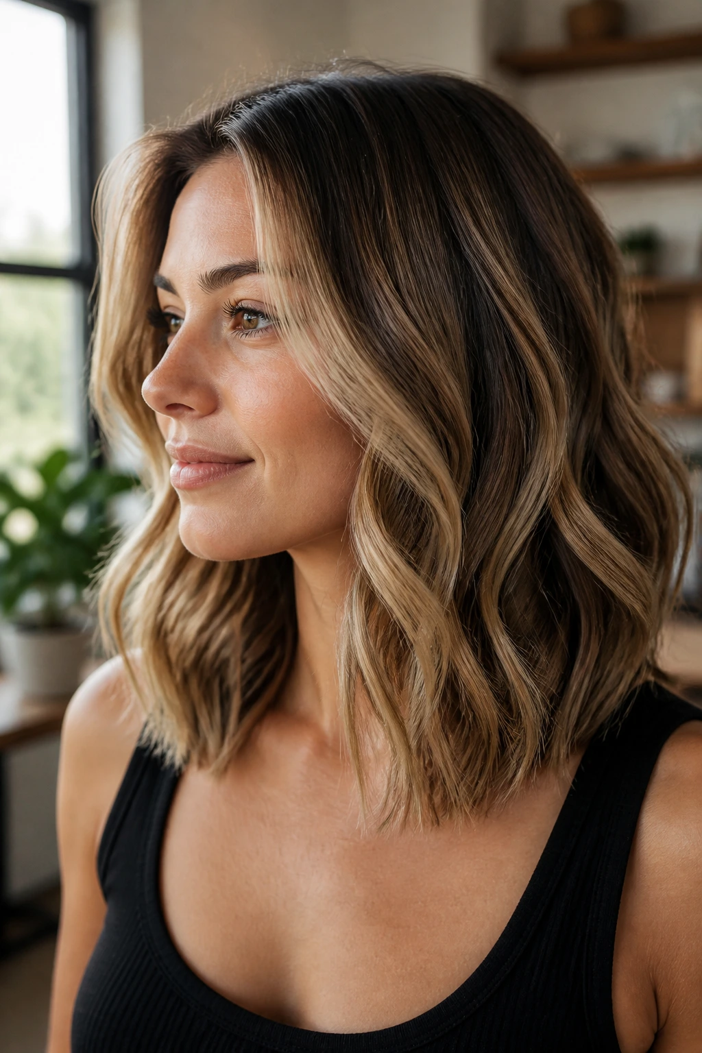 Close-up portrait of a woman with balayage showing dimensional color in loose waves by a window.