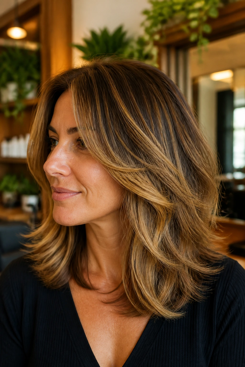 Close-up of a real woman with balayage-dimension layered hair