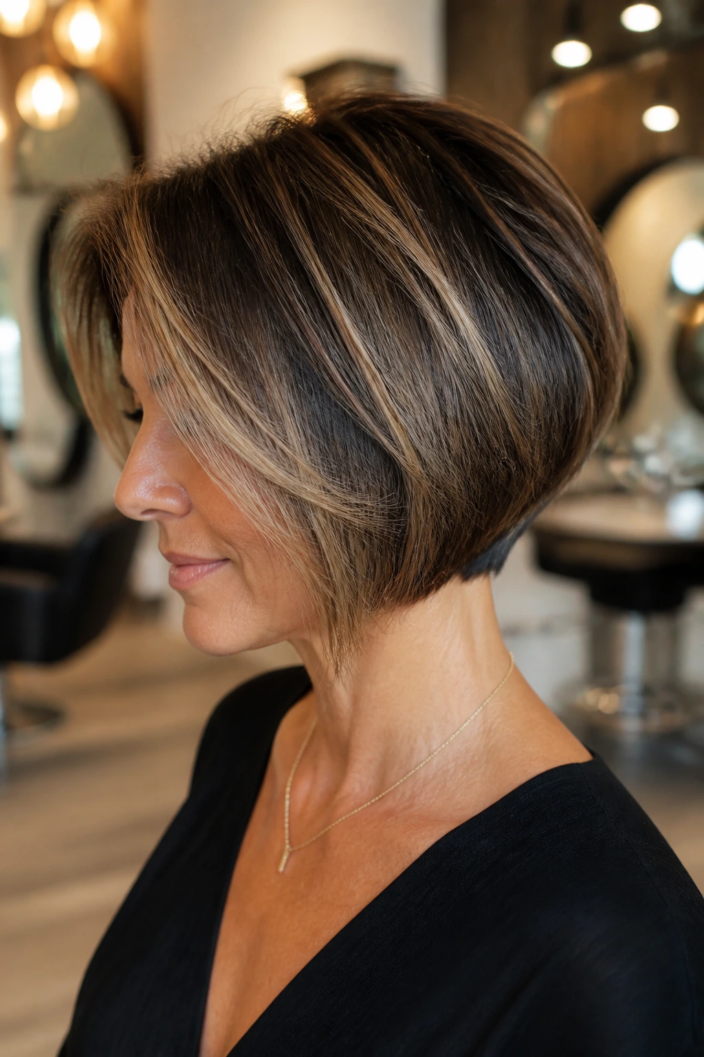 Medium-close portrait of a real woman with balayage-dimension stacked bob