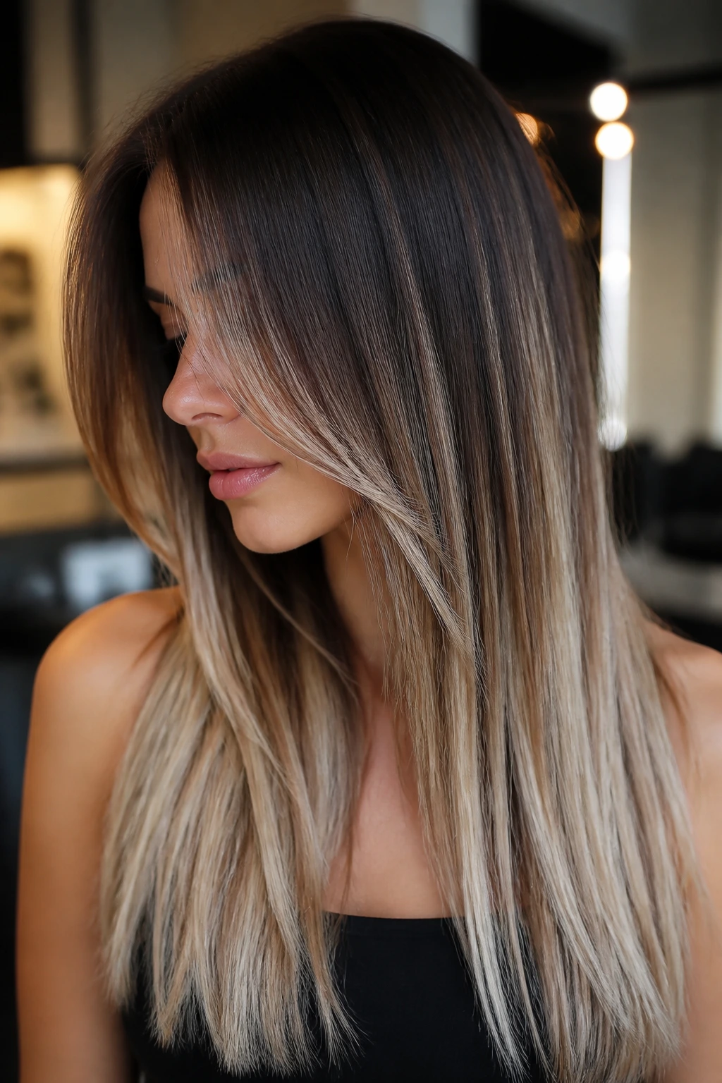 Close-up of straight balayage showing dimensional color
