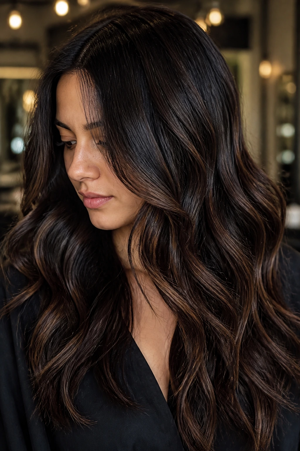 Close-up of a real woman with dimensional espresso balayage on black hair in a chic salon.
